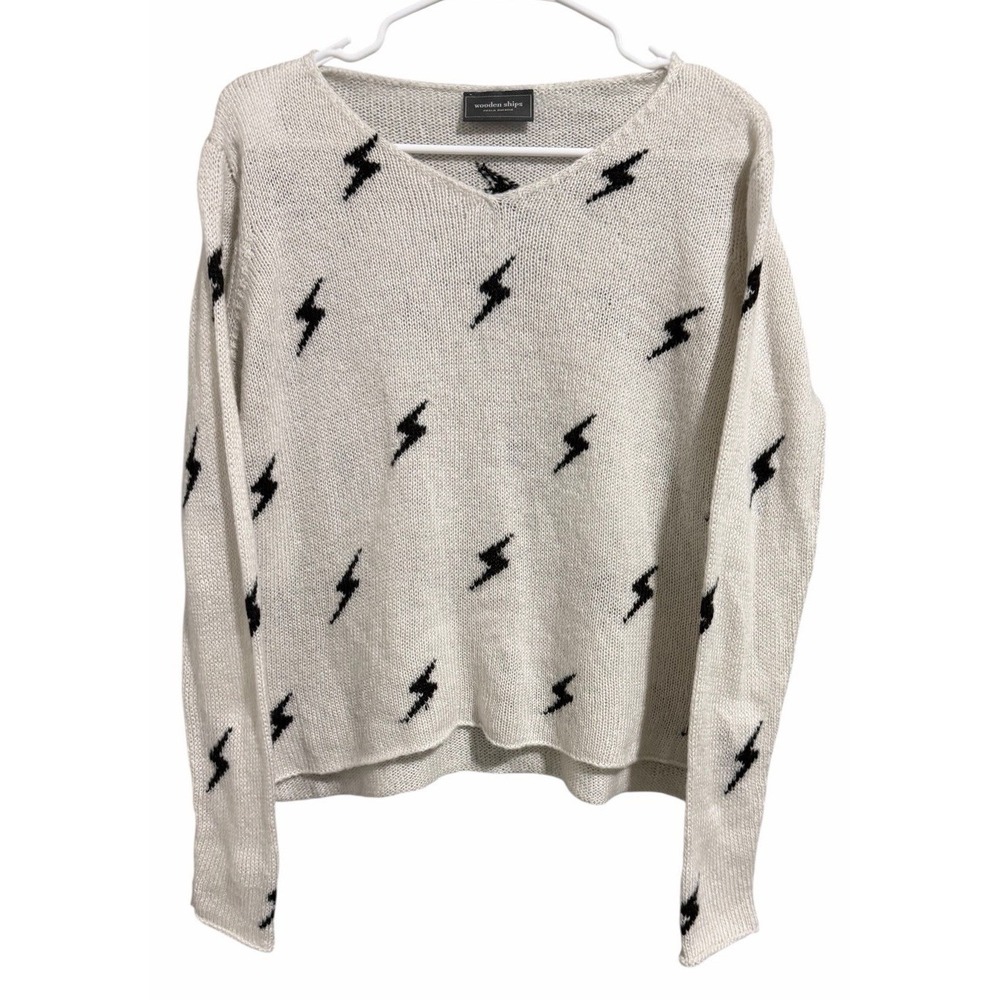 Wooden Ships Paola Buendia White Knit Sweater W/Black Lighting Bolts Size XS/S - Picture 1 of 10